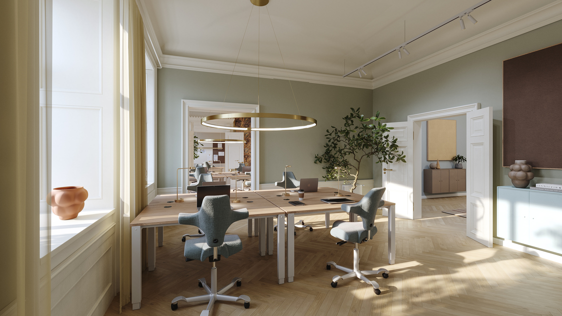Visualisering af stuen i kontoret på Store Kongensgade 68, parterre & st. th., 1264 København K | Billede til print