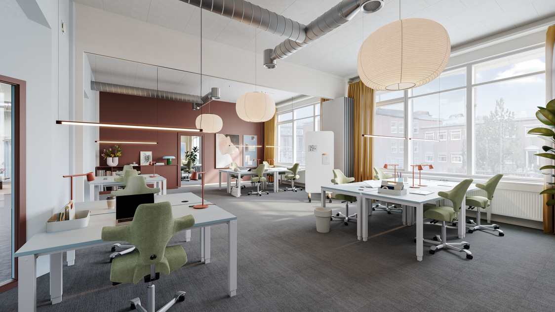 Visualiseringen af kontorpladser på lejemålet Lersø Parkallé 101, 1. tv., 2100 København Ø | Billede til print