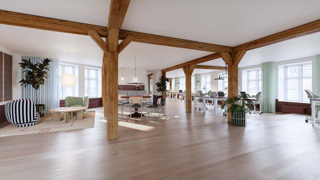 Visualisering af kontorpladserne i kontorlokalet til leje på Pilestræde i København K | Billede til print