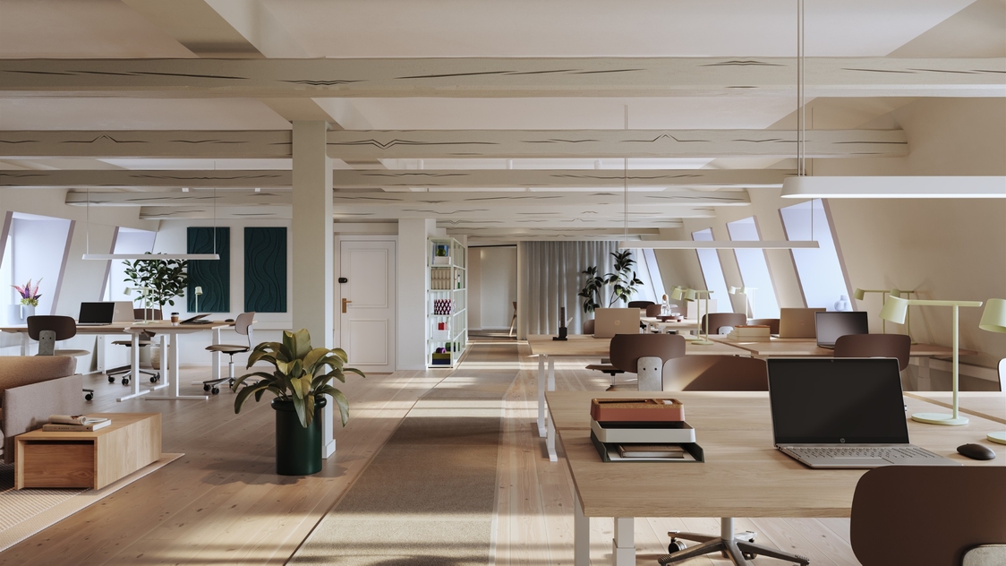 Visualisering af  2. salen tilhørende lejemålet på Overgaden Oven Vandet 10, 2. & 3. sal, 1415 København K | Billede til print