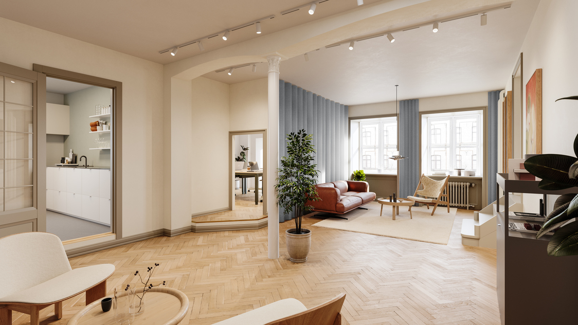 Visualisering af loungeområde i lejemålet på Amaliegade 4A Stuen | Billede til print